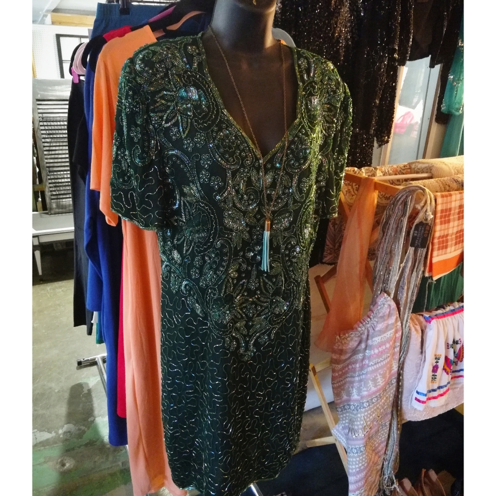 Vintage Scala Green Beaded Cocktail Dress
